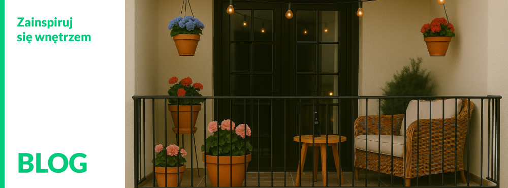Przytulny balkon wieczorem z pelargoniami, lampkami, fotelem z poduszkami i stolikiem z winem.