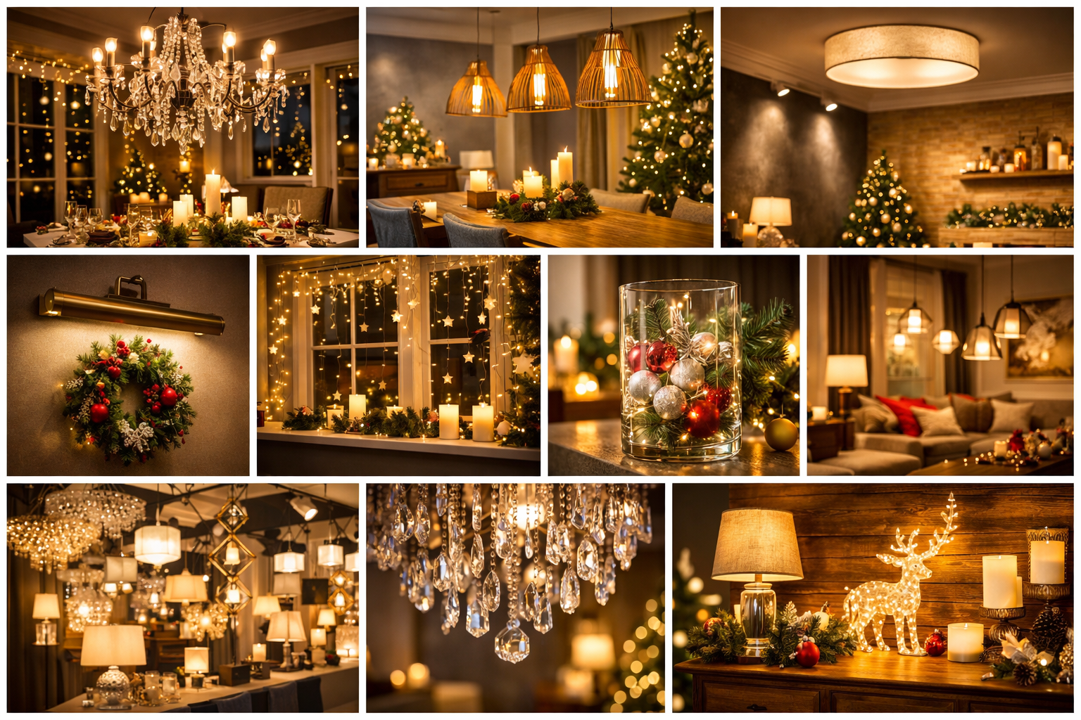 Przykładowe wizualizacje warstwowego oświetlenia w świątecznych aranżacjach wnętrz.